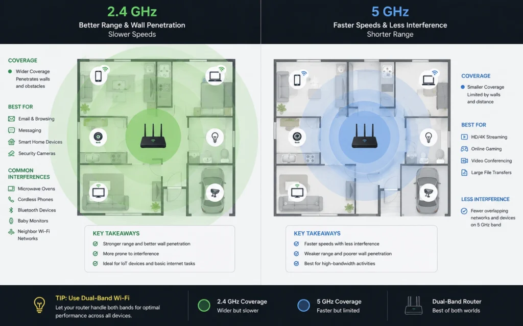 Diagram comparing 2.4 GHz and 5 GHz Wi-Fi coverage inside a house