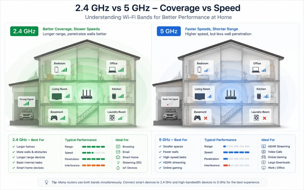 Diagram showing the range and speed difference between 2.4 GHz and 5 GHz Wi-Fi
