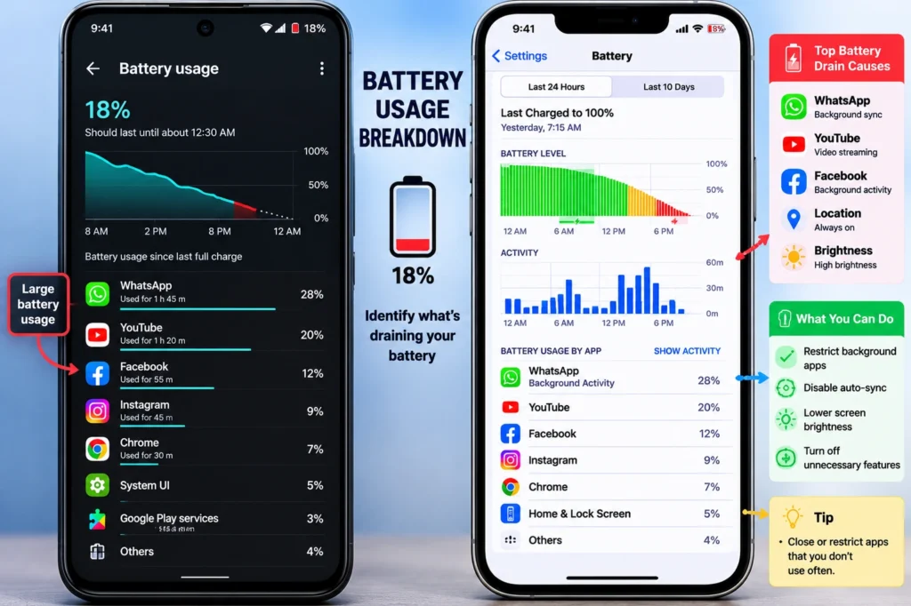 Battery usage stats showing high background consumption