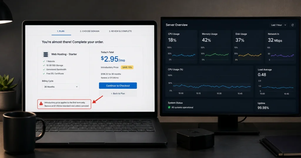 A side-by-side comparison visualization showing an introductory hosting checkout screen next to a technical server performance monitor.