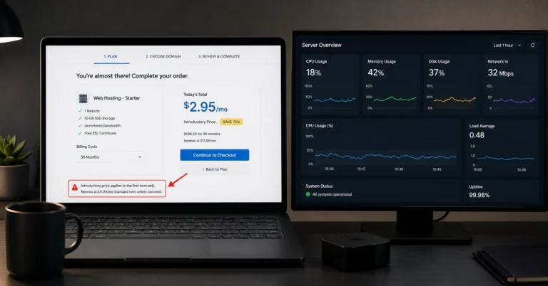 A side-by-side comparison visualization showing an introductory hosting checkout screen next to a technical server performance monitor.