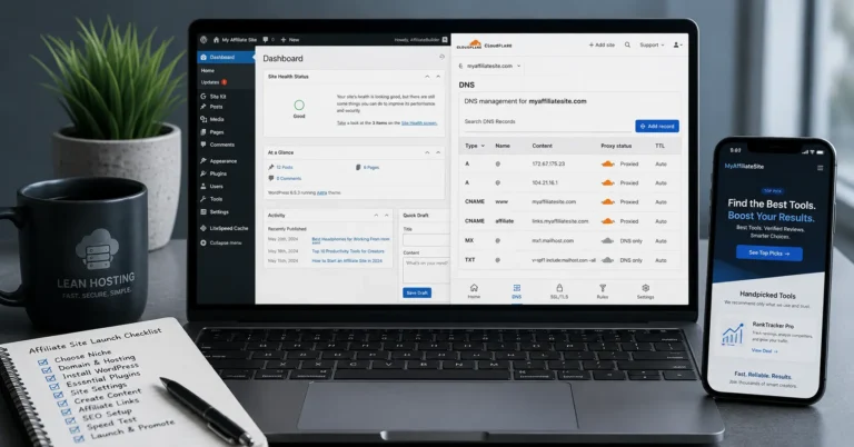 Lean fast hosting setup for a new affiliate site with WordPress and Cloudflare DNS visible