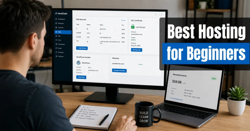 Beginner comparing hosting dashboards and renewal pricing during website setup