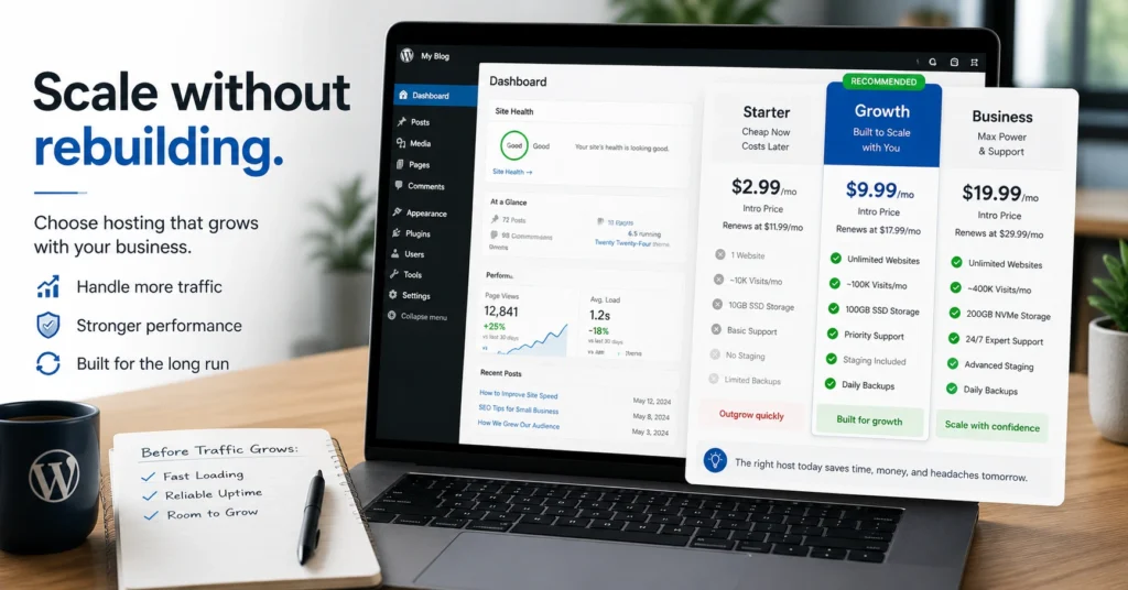 Blogger comparing hosting plans for speed, backups, and scale.