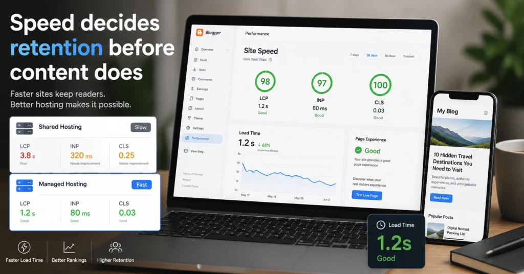 Hosting dashboard showing blog speed performance comparison