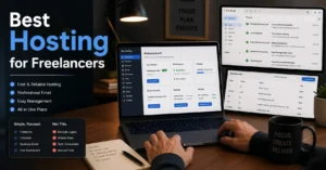 Freelancer managing website hosting, domain settings, and business email from a simple dashboard
