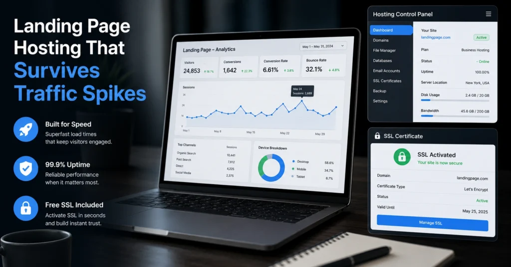 Hosting dashboard with SSL setup and landing page analytics open during product launch campaign