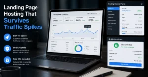 Hosting dashboard with SSL setup and landing page analytics open during product launch campaign