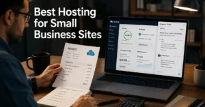 Small business owner comparing web hosting dashboards and support quality