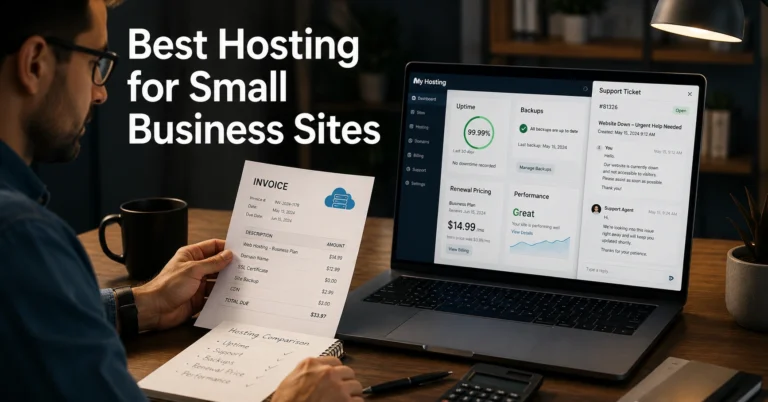 Small business owner comparing web hosting dashboards and support quality