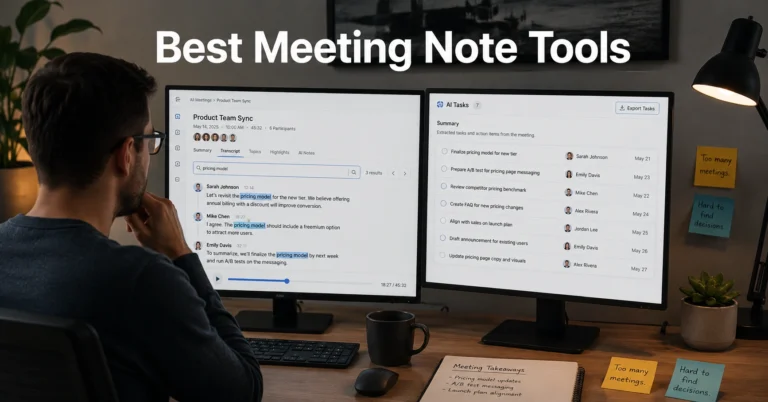 Remote worker searching AI meeting notes after a video call