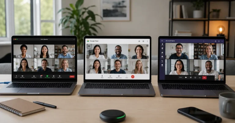 Three laptops on a desk showing Zoom, Google Meet, and Microsoft Teams interfaces during active video calls