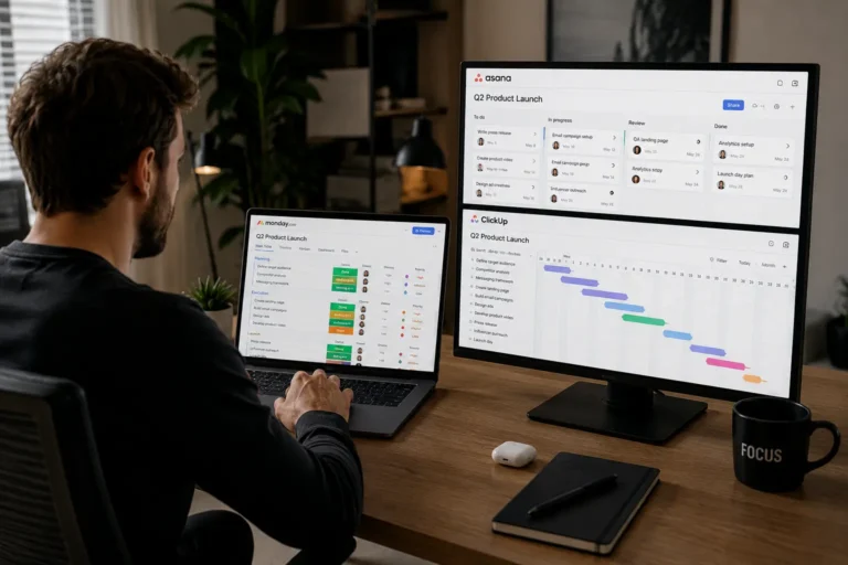 Remote team using best project management tools on dual monitors showing Kanban board and task timeline