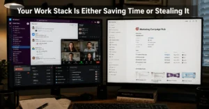 Remote worker comparing communication and workflow apps on a dual-monitor desk setup