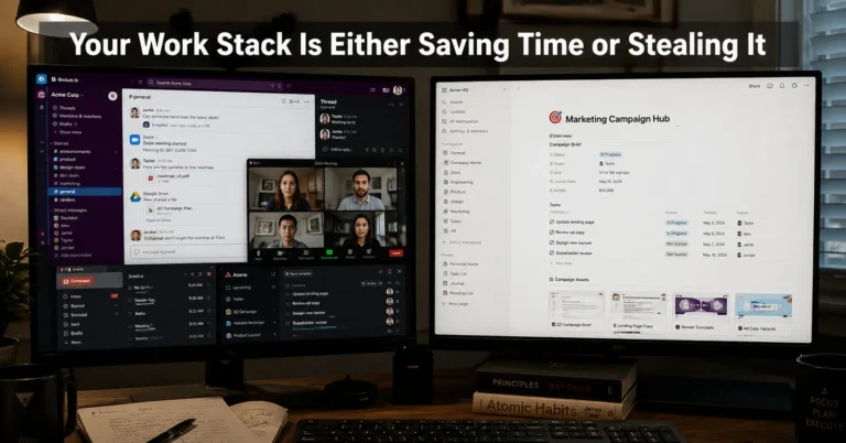 Remote worker comparing communication and workflow apps on a dual-monitor desk setup
