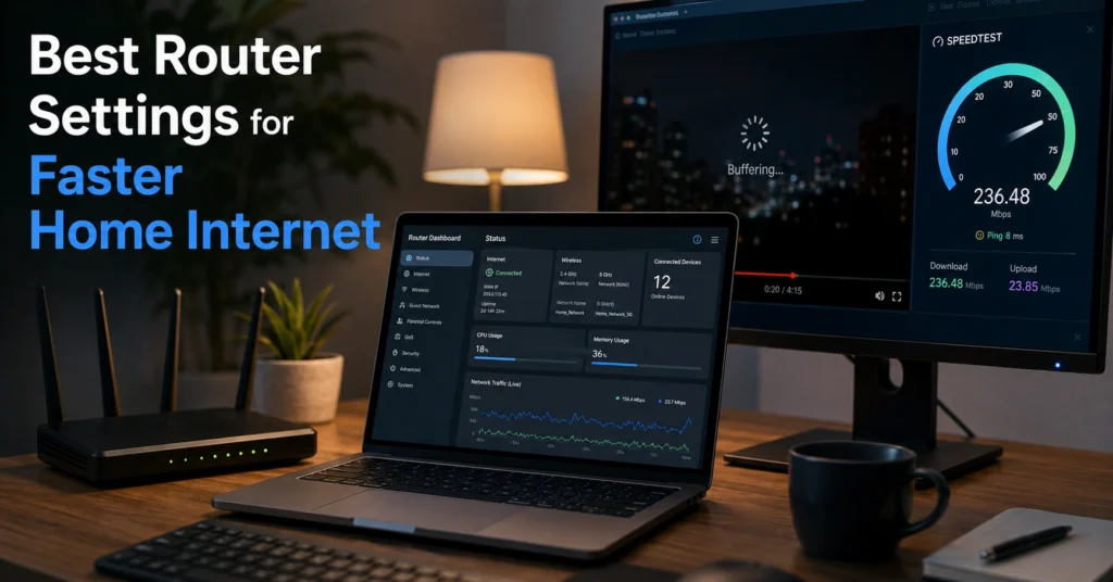 Wi-Fi router settings dashboard open on a laptop during home internet optimization