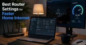 Wi-Fi router settings dashboard open on a laptop during home internet optimization