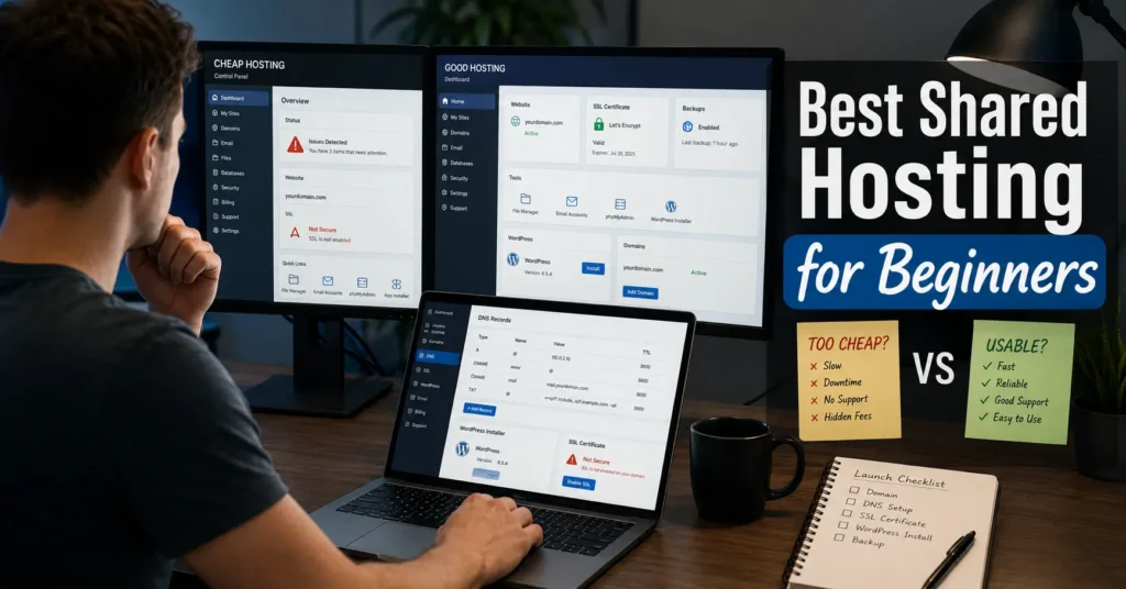 Beginner comparing shared hosting dashboards while configuring a website