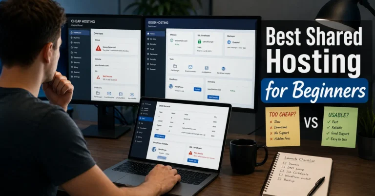Beginner comparing shared hosting dashboards while configuring a website