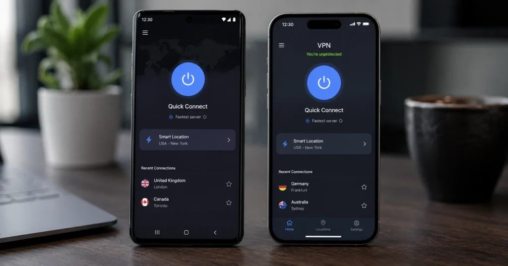 Android and iPhone smartphones showing VPN app Quick Connect screen for mobile privacy