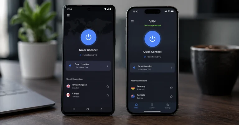 Android and iPhone smartphones showing VPN app Quick Connect screen for mobile privacy