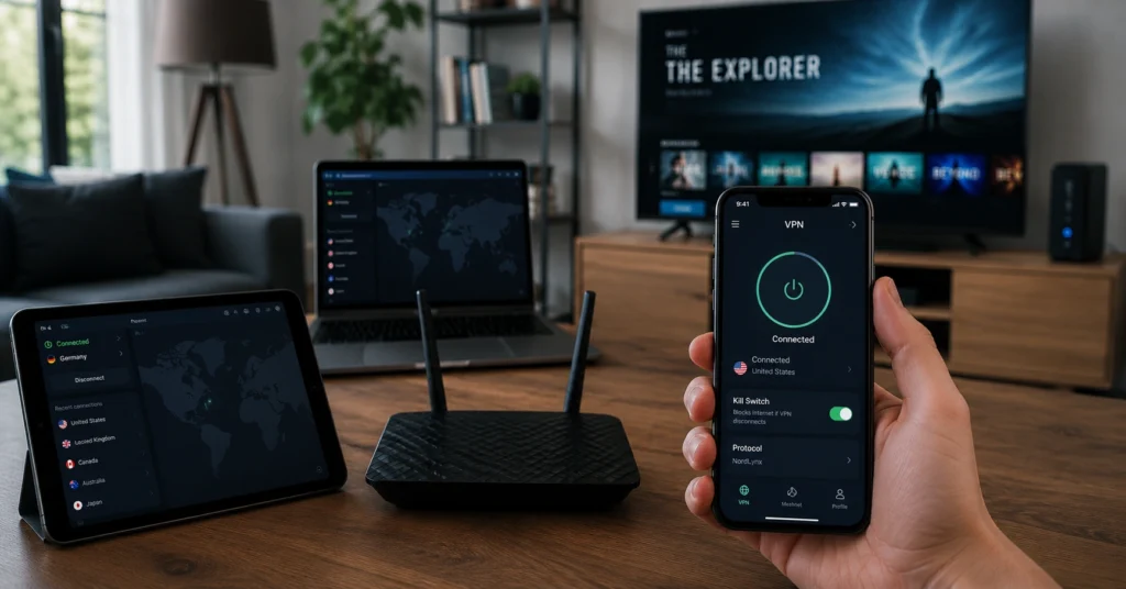 Family living room with multiple devices connected to one router; VPN app shows connected on phone