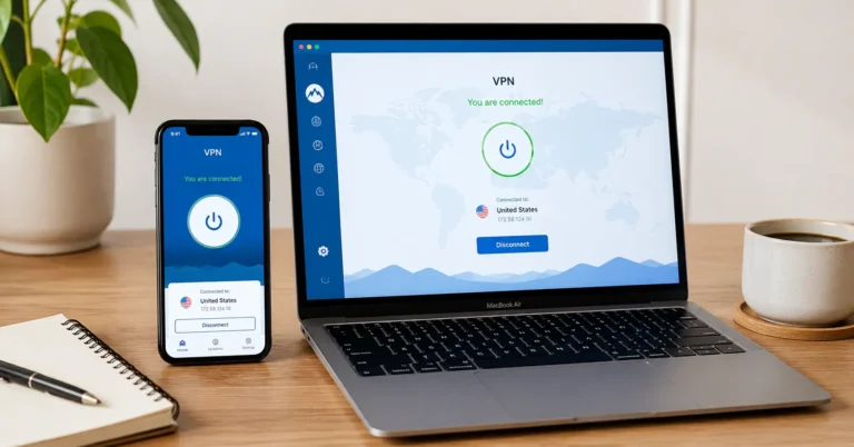 Laptop and smartphone displaying a simple one-click VPN app interface on a clean desk
