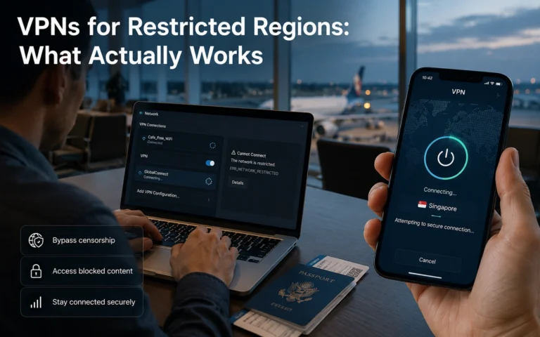 Traveler testing VPN connection on laptop in airport lounge