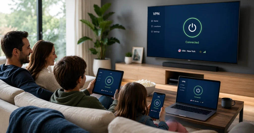 Family devices showing VPN connected state on phone, tablet, laptop, and smart TV
