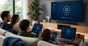 Family devices showing VPN connected state on phone, tablet, laptop, and smart TV
