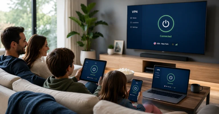 Family devices showing VPN connected state on phone, tablet, laptop, and smart TV