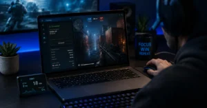 Gaming laptop with VPN app connected to a nearby server, showing low ping during a game