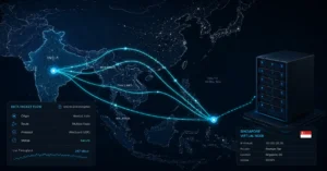 Technical map displaying data paths from an Indian network user to an external offshore virtual server location for data privacy
