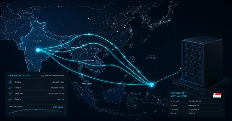 Technical map displaying data paths from an Indian network user to an external offshore virtual server location for data privacy