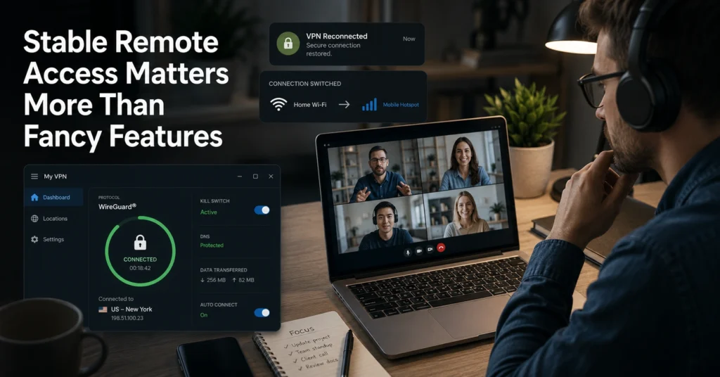 Remote worker using a VPN during a video call while reconnecting between networks