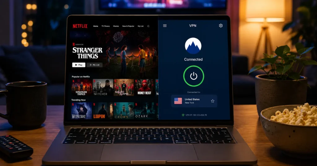 Laptop displaying streaming service with active VPN connection indicator showing secure encrypted tunnel