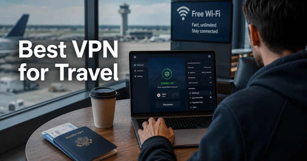Traveller using a VPN on airport Wi-Fi before boarding a flight.