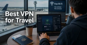 Traveller using a VPN on airport Wi-Fi before boarding a flight.