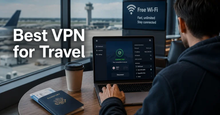 Traveller using a VPN on airport Wi-Fi before boarding a flight.