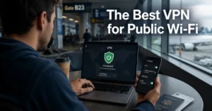 Traveler using a VPN on airport public Wi-Fi to secure browsing on a laptop