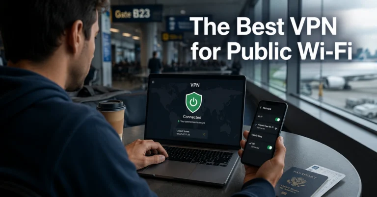 Traveler using a VPN on airport public Wi-Fi to secure browsing on a laptop