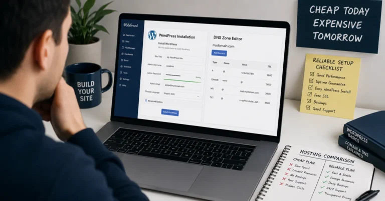 Beginner comparing WordPress hosting providers and setup dashboards