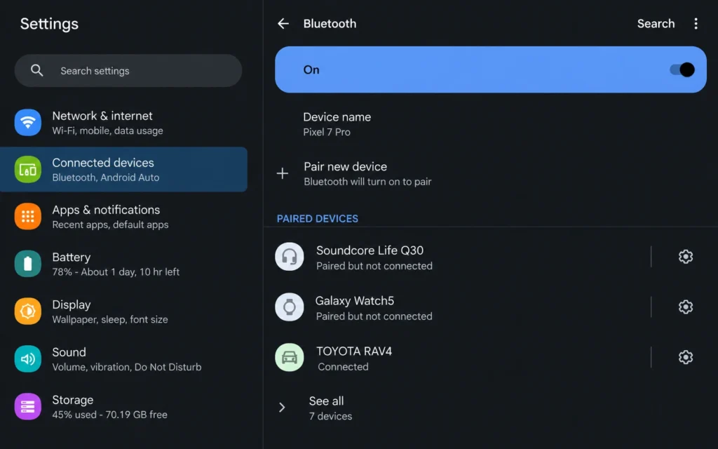 Bluetooth settings showing failed paired device status