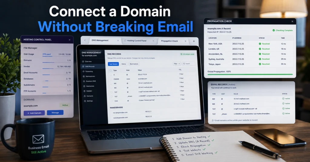 DNS setup process connecting a domain registrar to a hosting provider safely