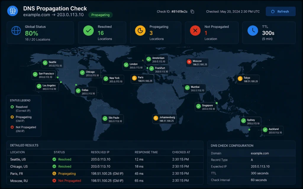 DNS propagation map showing which global servers have updated to new nameservers