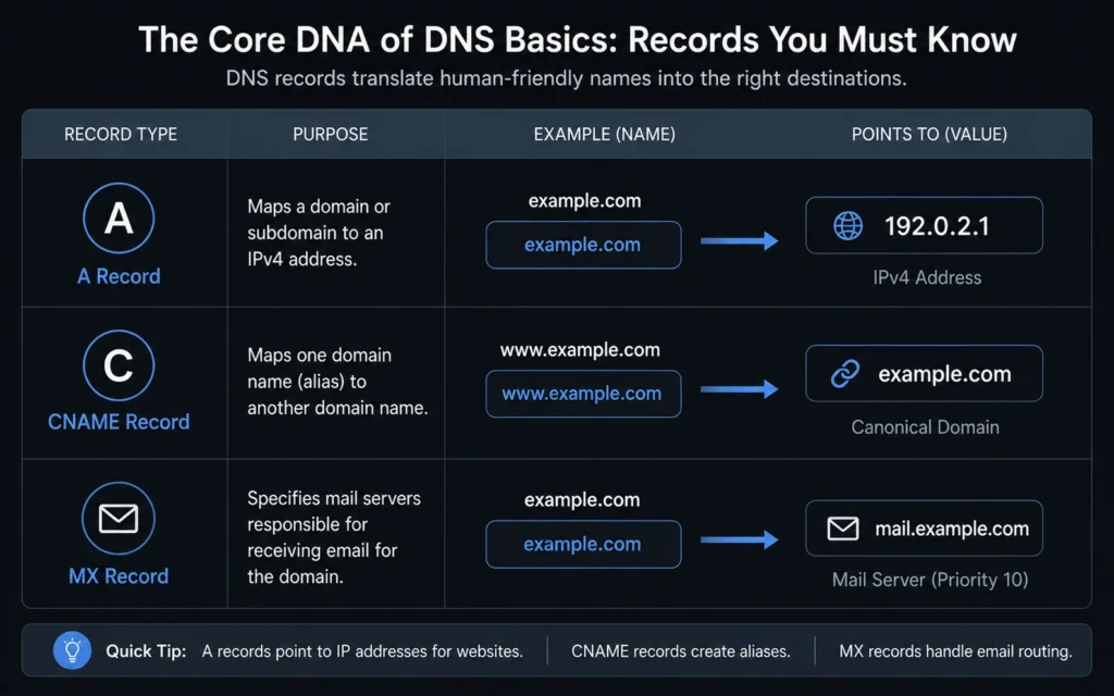 Table chart showing the direct mapping of A records, CNAME records, and MX records to their technical targets