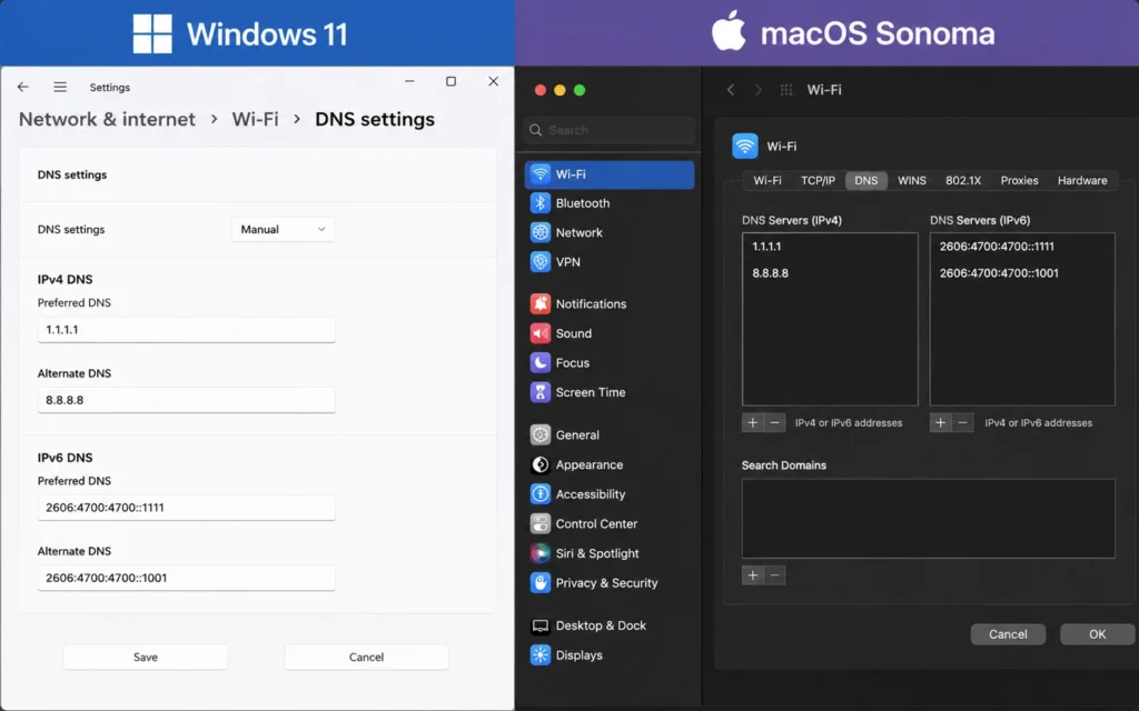 Windows and macOS DNS settings showing Preferred DNS and Alternate DNS fields