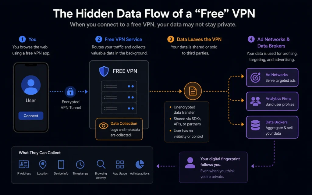 Data flow diagram showing free VPN sending browsing data to ad network and data broker