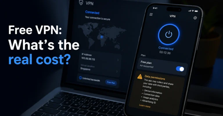 Free VPN app interface showing data permissions and privacy risk warning