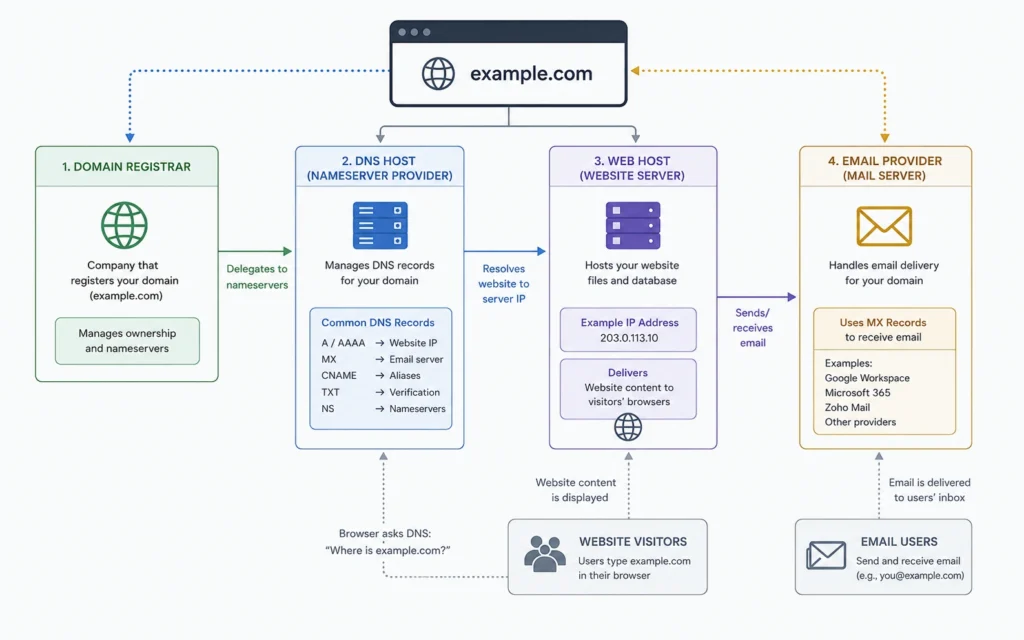 How domain registrar, DNS hosting, website hosting, and business email connect
